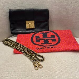 Tory Burch Black and Gold Clutch with Elegant Hardware